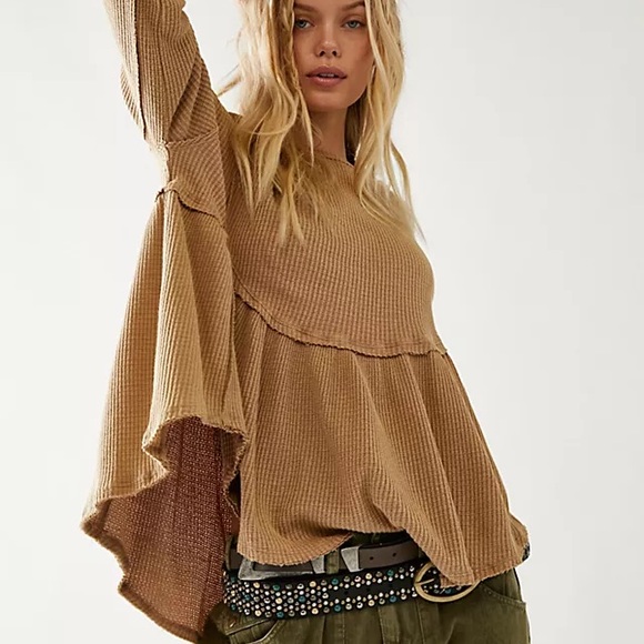 We The Free Tops - WE THE FREE OH MY BABYDOLL THERMAL LONG SLEEVE BEIGE WAFFLE KNIT SIZE SMALL